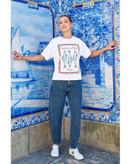 Yumi' White Cotton Summer Motif T-Shirt