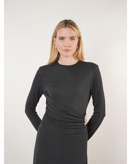 John Abgin Black Mesh Ruched Embellished Maxi Dress