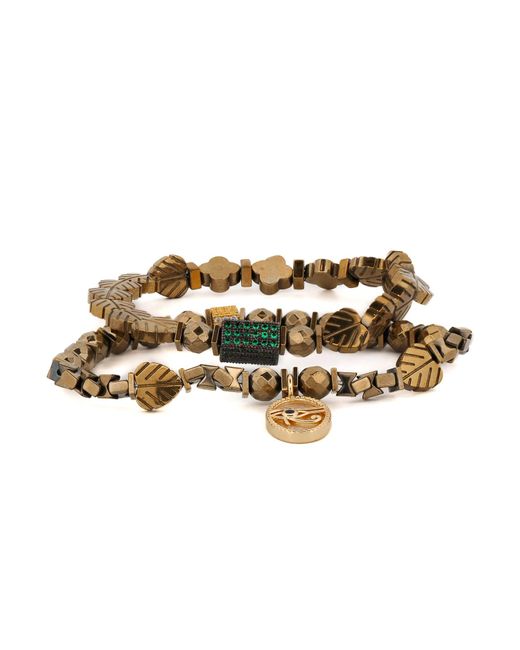 Ebru Jewelry Metallic Eye Of Ra Charm Gold Hematite Stone Beaded Bracelet Set
