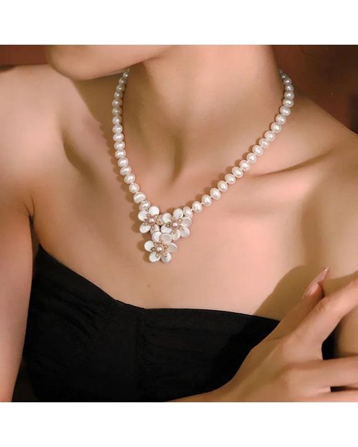 Angel Barocco Metallic Beaded Baroque Pearl Flowers Necklace