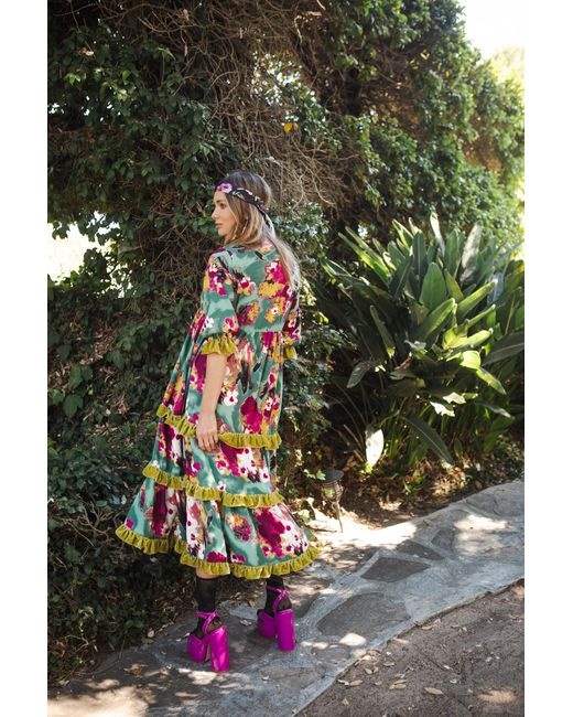 Jennafer Grace Blue Fuchsia Fae Velvet Ruffle Maxi Dress