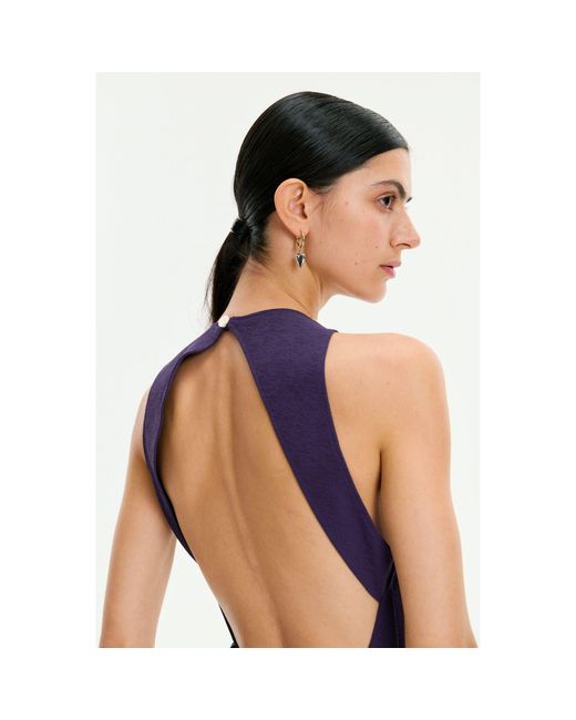 Monosuit Purple Sleeveless Crew Neck Backless Lace Belted Bodycon Evening Midi Dress Politically Correct