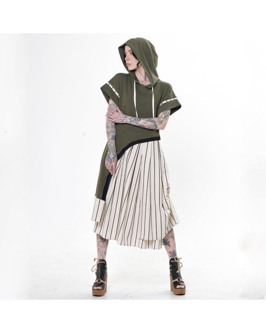Metamorph Green Hooded Asymmetric Dress With Striped Skirt