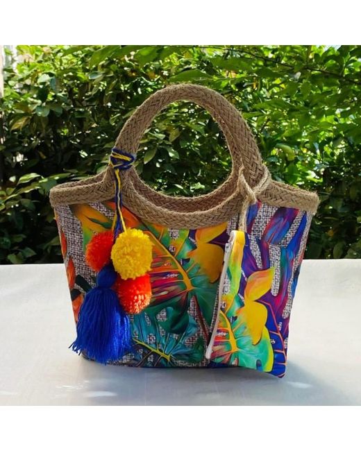 Springmoonatelier Blue Colorful Jute Straw Beach Bag With Tassels