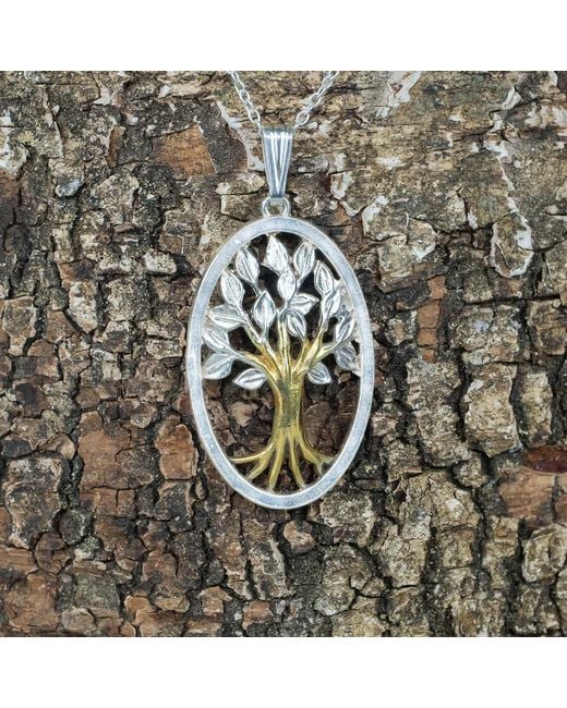 Simon Kemp Jewellers Metallic Domed Tree Of Life Pendant Eighteen Carat On Solid Sterling