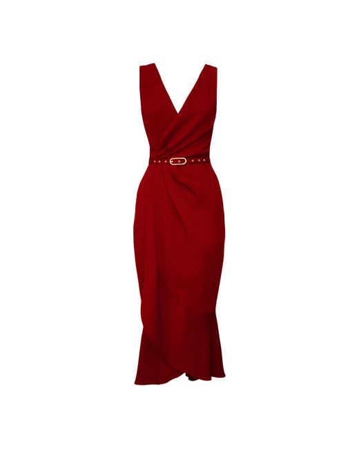 ALINA CERNĂTESCU Red Fame Dark Midi Dress With Textile Belt And V-Neck