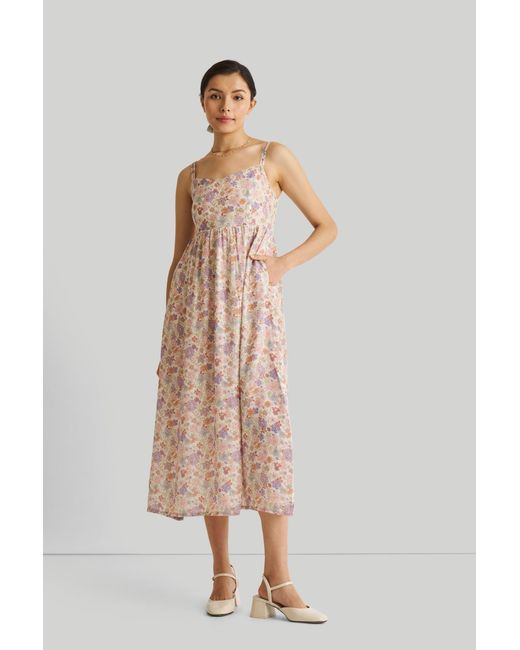 REISTOR White Strappy Gathered Printed Midi Dress