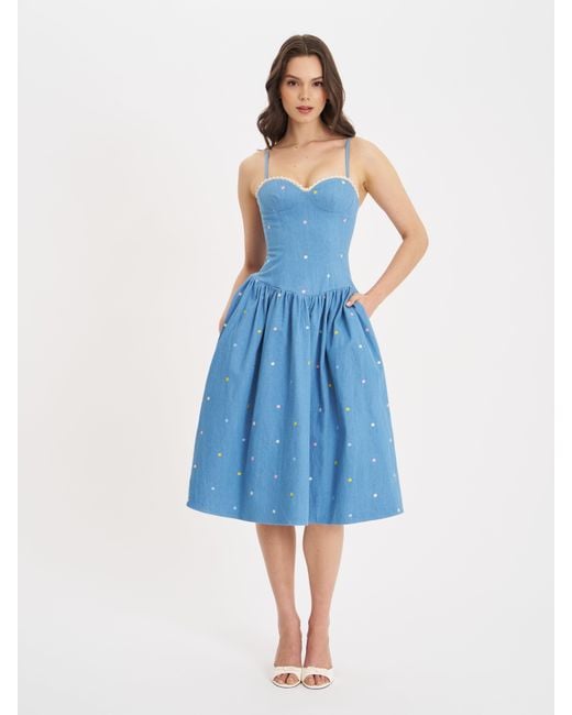 Miss Circle New York Blue Zadie Cotton Denim Drop Waist Embroidery Flower Midi Dress