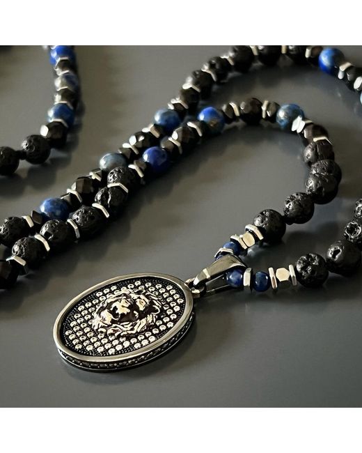 Ebru Jewelry Metallic Powerful Silver Black Lion Necklace for men