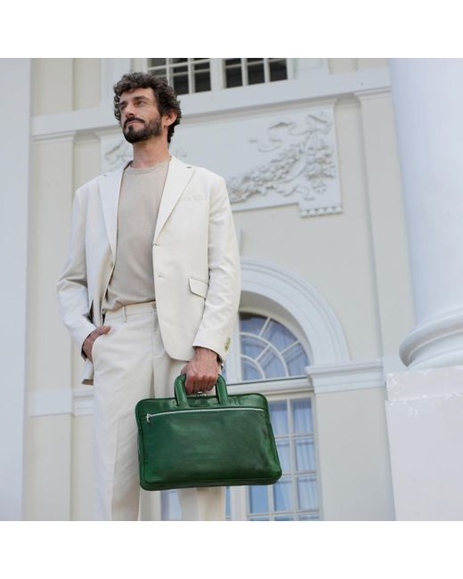 Time Resistance Green Leather Briefcase Laptop Bag for men
