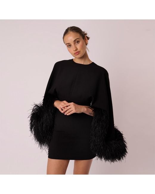 Sanctumum Black Feather-Trimmed Crepe Mini Dress