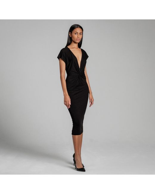 Imaatu Blue Masee Knot Front Extremely Deep V-Neck Sculpting Elastic Viscose Midi Dress