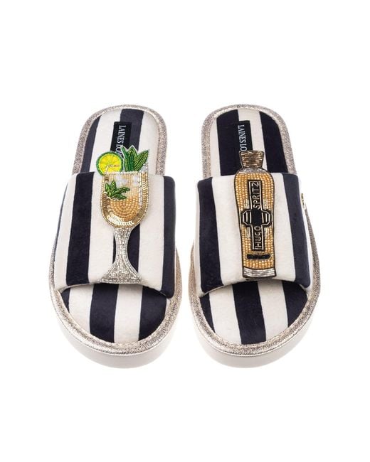 Laines London Black Flatform Stripe Open Toe Slippers With Hugo Spritz Brooches