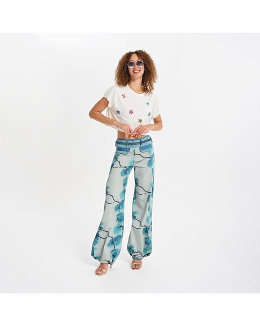 Lalipop Design Blue Stylised Floral Wide-Leg Pants