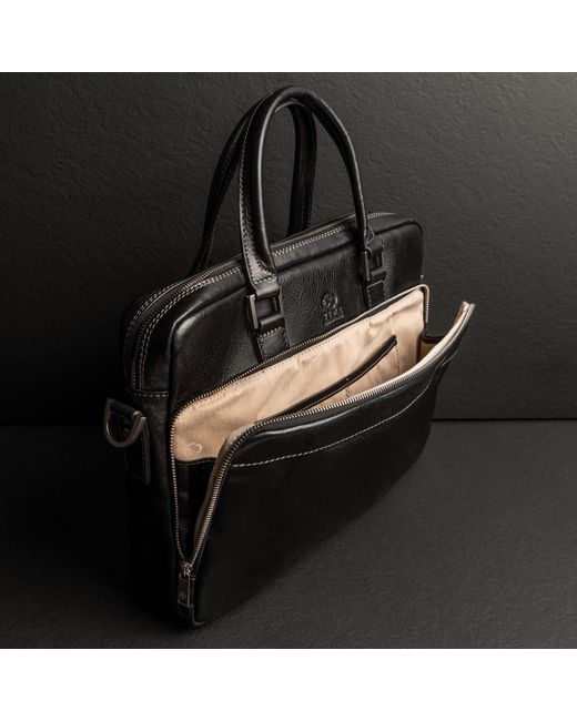 Time Resistance Black Leather Briefcase Laptop Bag