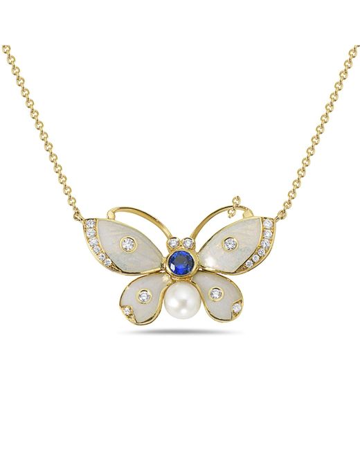 Artisan Metallic 18k Yellow Gold With Bezel Set Blue Sapphire & Diamond Designer Butterfly Necklace
