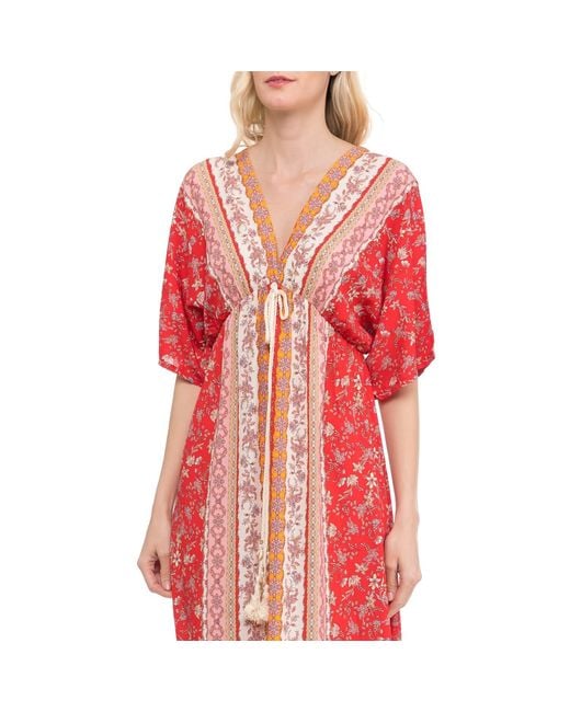 Tantra Spain Sl Red Printed Dress With V-Neck, Elastic Waist And Drawstring Unique Size