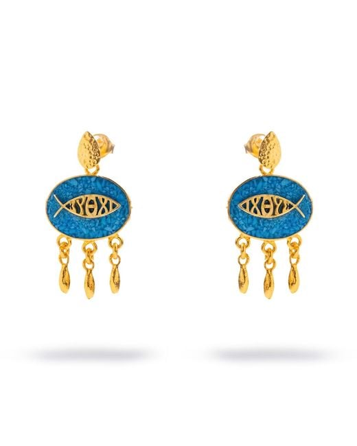 Ebru Jewelry Blue Lucky Fish Mosaic Drop Earrings