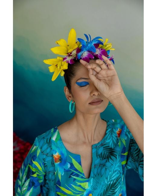 NoLoGo-chic Blue Persian Leaf Zen Dress Linen