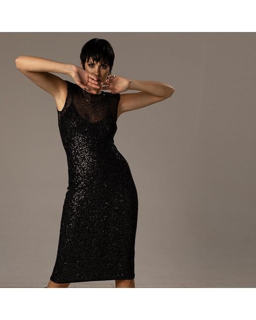 Nissa Black Sequined Mesh Midi Dress