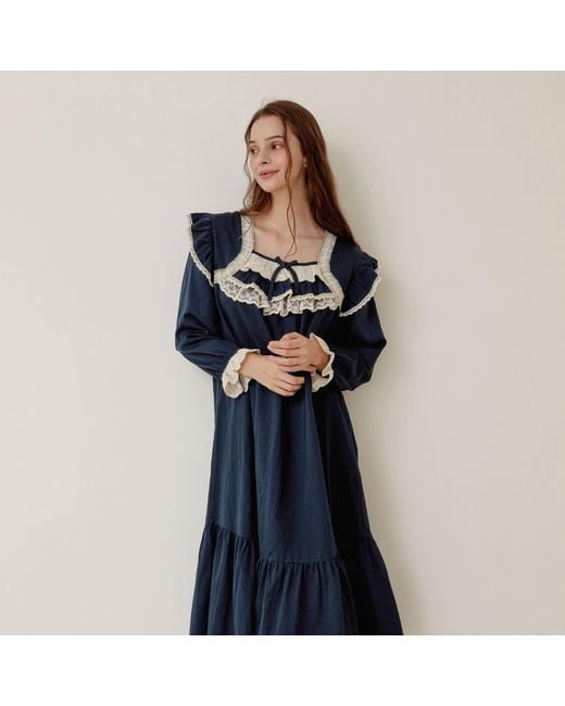 Luna Luz Blue Helen Cotton Square-Neck Long-Sleeve Nightdress