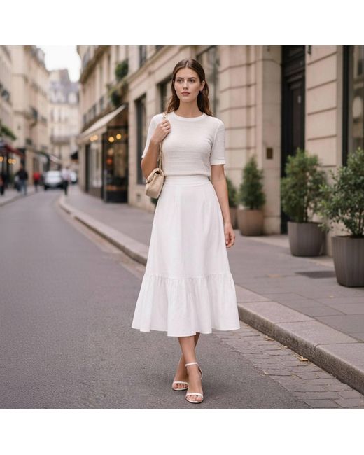 Smart and Joy White Cotton Midi Skirt With Ruffles