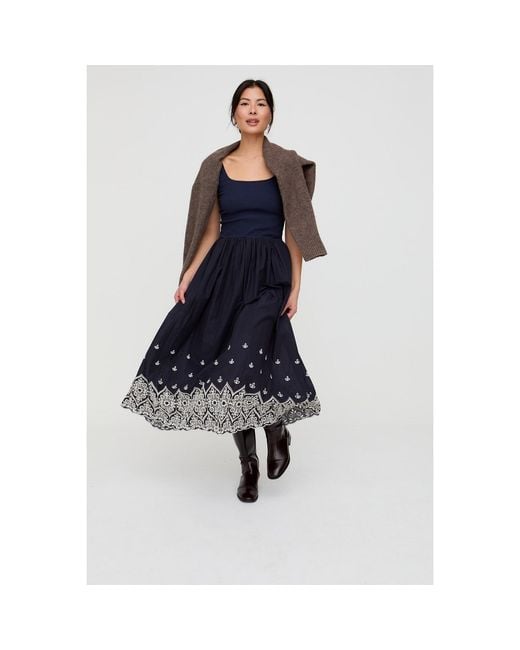 Lily and Lionel Blue Cora Sleeveless Jersey Bodice Embroidered Midi Dress
