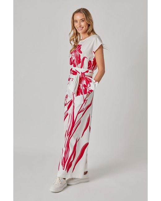 Marianna Déri Red Wide-Leg Pants With Botanical Print And Tie Belt