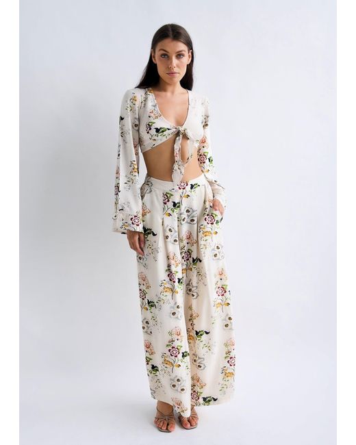 Why Mary Natural Vintage Floral Tie Top With Bell Sleeves