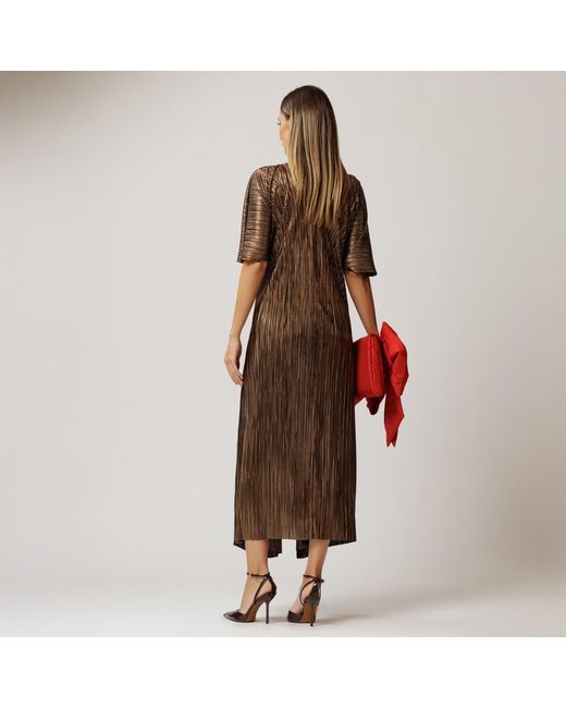 concept A trois Brown Golden Plisse Midi Dress With Closure With Staples