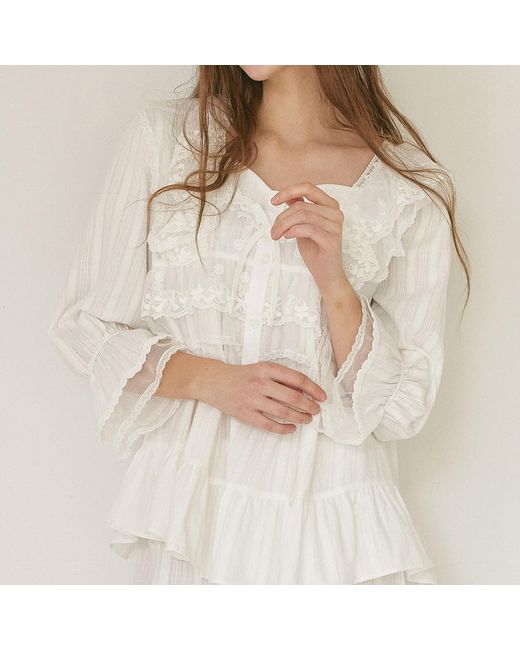 Luna Luz White Angelring Cotton Embroidered Square-Neck Long-Sleeve Pajama Set