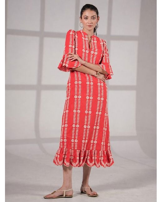 Rose & Nancy Cat Coral Embroidered Midi Dress