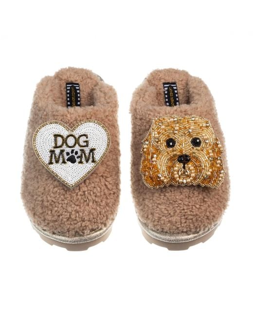 Laines London Natural Teddy Closed Toe Slippers With Enki Doo The Cockapoo & Dog Mum Mom Brooches