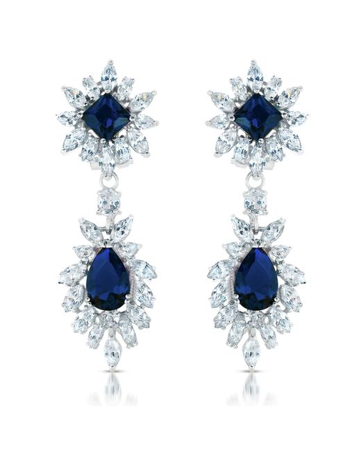 Genevive Jewelry Blue Sterling Silver Two Sapphire Cubic Zirconia Dangling Earrings