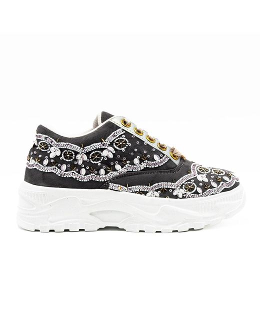 Rettrose Gray Ava Luxury Slate Suede Handmade Embellished Trainers