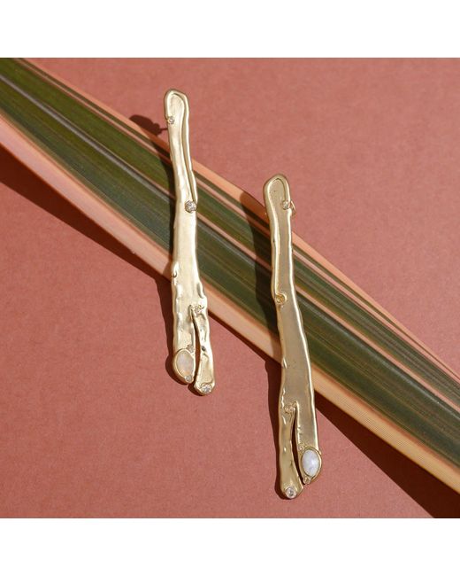 Rare Matters Jewelry Metallic Natural Asymmetry Moonstone Linear Earrings