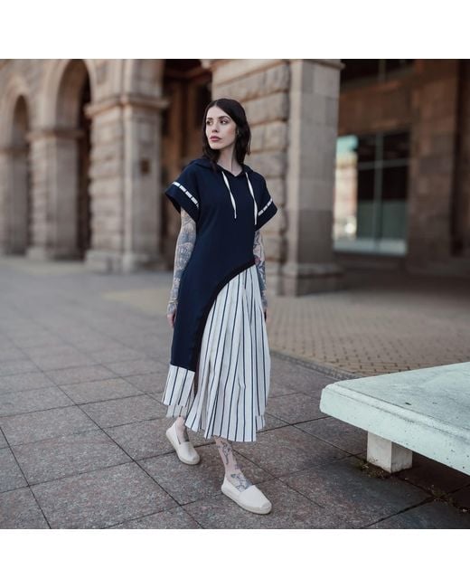 Metamorph Blue Hooded Asymmetric Dress With Striped Skirt