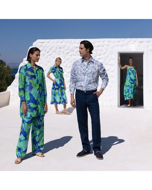 Haris Cotton Green Longline Printed Linen Blend Shirt With Long Sleeves Lagoon