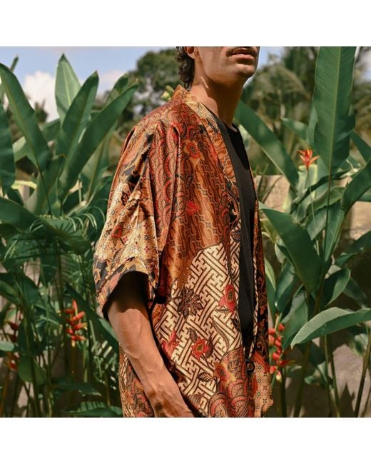 ORIGIN OF HEARTS Brown Tarua Floral Print Resort Satin Kimono Shirt for men