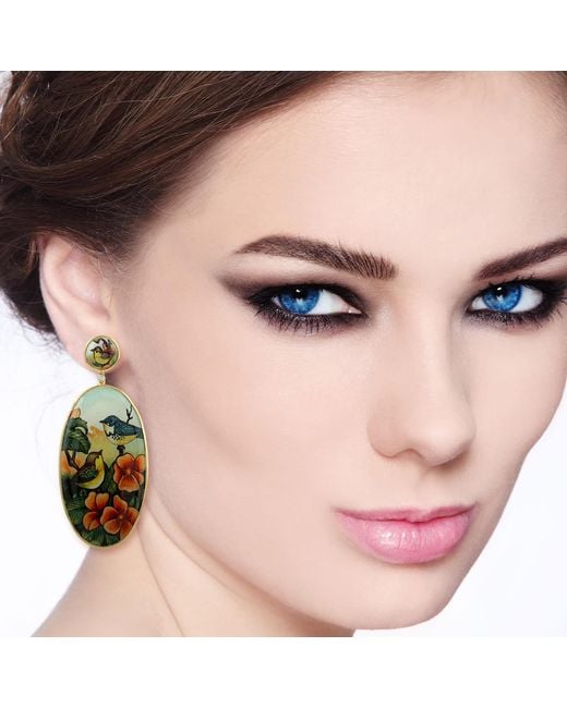 Artisan Green Bakelite & Enamel Bird Motif Drop Earrings With Diamond