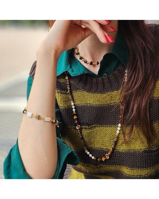 Farra Metallic Tiger Eye Stone With Moonstone Bracelet