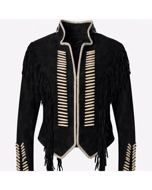 Zasta Studio Black Warrior Suede Leather Jacket With Beads & Fringes