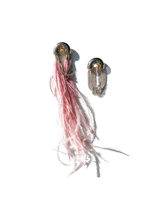 Babaloo Pink Feather Chain Mismatch Earrings