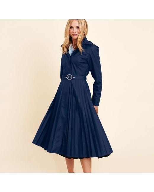 RainSisters Blue Fit & Flare A-Line Coat With Pleated Skirt Serenade