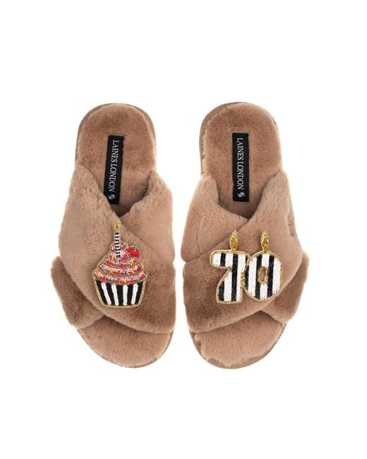 Laines London Brown Classic Laines Slippers With Stripe 70Th Birthday & Cake Brooches
