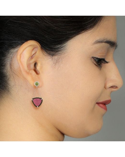 Artisan Pink Watermelon Tourmaline Slice & Diamond Drop Earrings