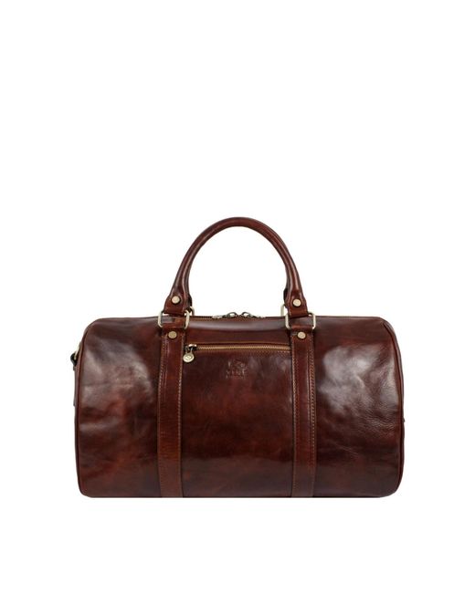 Time Resistance Brown Small Leather Overnight Bag, Duffel Bag for men