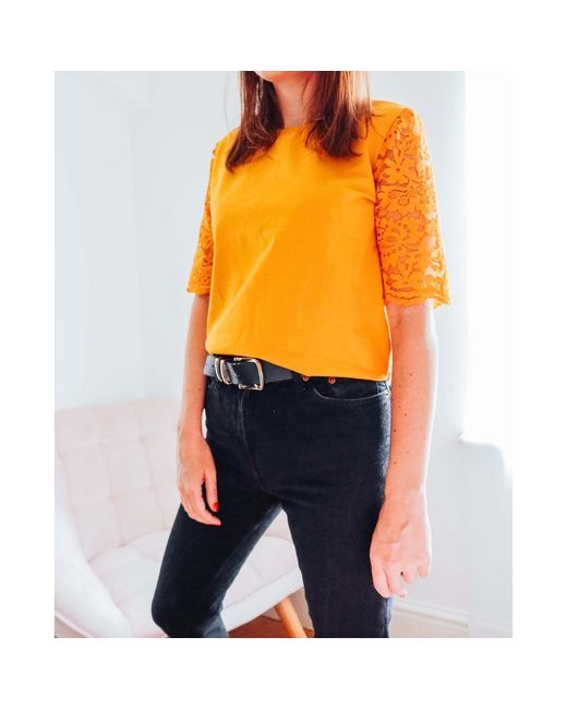 Sophie Cameron Davies Yellow Mustard Cotton Lace Sleeve T-Shirt