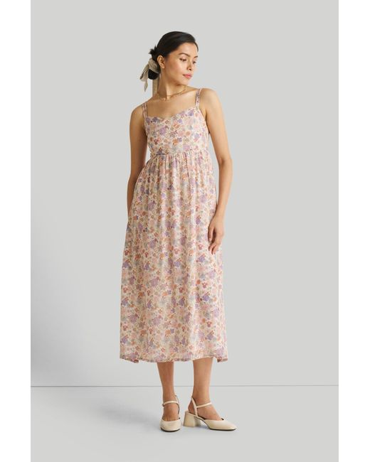 REISTOR White Strappy Gathered Printed Midi Dress