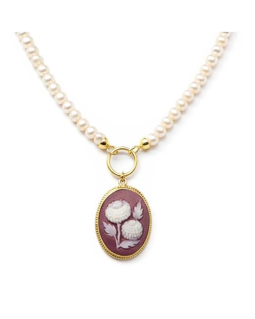 Vintouch Italy Metallic Pompon Flower Cameo Necklace